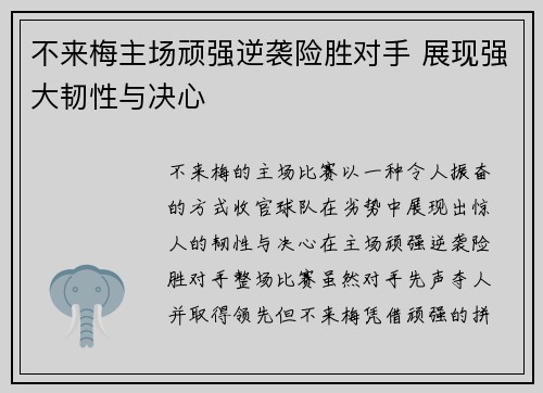 不来梅主场顽强逆袭险胜对手 展现强大韧性与决心