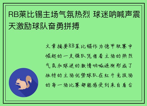 RB莱比锡主场气氛热烈 球迷呐喊声震天激励球队奋勇拼搏