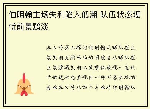 伯明翰主场失利陷入低潮 队伍状态堪忧前景黯淡