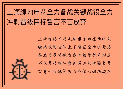 上海绿地申花全力备战关键战役全力冲刺晋级目标誓言不言放弃