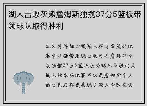 湖人击败灰熊詹姆斯独揽37分5篮板带领球队取得胜利