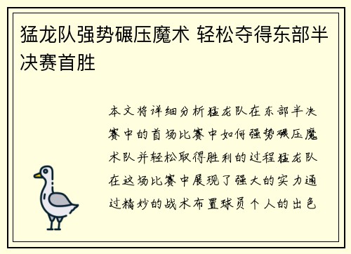 猛龙队强势碾压魔术 轻松夺得东部半决赛首胜