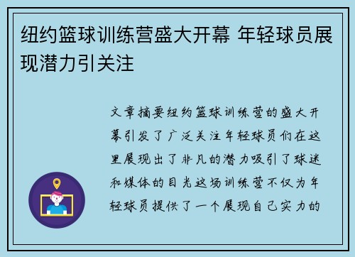 纽约篮球训练营盛大开幕 年轻球员展现潜力引关注