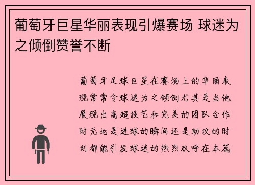 葡萄牙巨星华丽表现引爆赛场 球迷为之倾倒赞誉不断