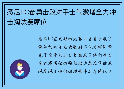 悉尼FC奋勇击败对手士气激增全力冲击淘汰赛席位