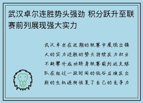 武汉卓尔连胜势头强劲 积分跃升至联赛前列展现强大实力